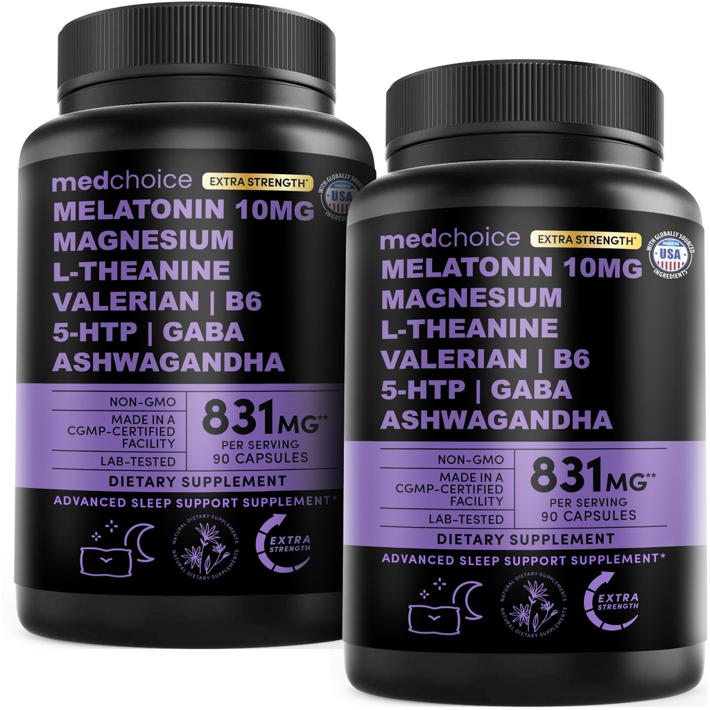 12-in-1 Melatonin Sleep Capsules - 10mg Melatonin Extra Strength with Magnesium and Balanced Blend of Ashwagandha, GABA, Chamomile Extract, L-Theanine & Valerian Root 10:1 Extract (90ct, Pack of 2)
