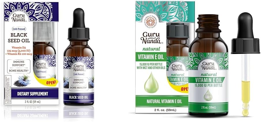 GuruNanda musta seemne õli, külmpressitud Nigella Sativa - rikas D3-vitamiini 5000 ühikut, K2 & E & E-vitamiini õli (2 Fl Oz) - 100% puhas & looduslik, 15 000 RÜ pudeli kohta nahale, juustele, näole