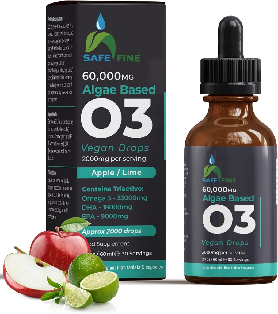 Omega 3 Vegani tilgad - DHA & EPA vetikaõlist - 60 ml tilguti pudel - 2000 mg ühe serveerimise kohta - toetab kogu pere üldist keha heaolu täiendust