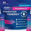 HydroMATE Electrolytes Powder Drink Mix Packets Hydration Accelerator Low Sugar Rapid Party Relief Recovery Vitamin C Plus Caffeine Strawberry 30 Count