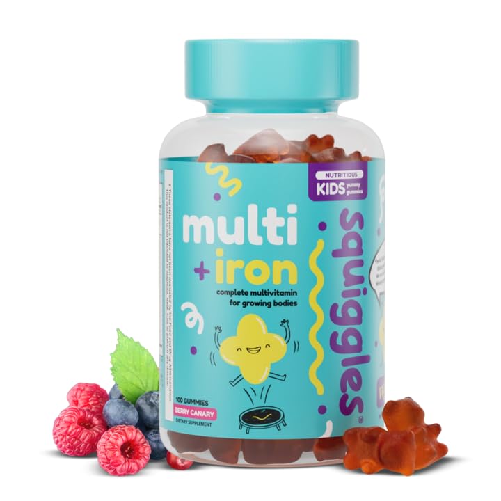 Squiggles Kids Multivitamiin + Raudkummied - Madala suhkruga kummi vitamiinid koos raualisanditega lastele - vitamiinide ja mineraalide lai spekter, Chewy, Yummy Berry maitse (100 krahv)