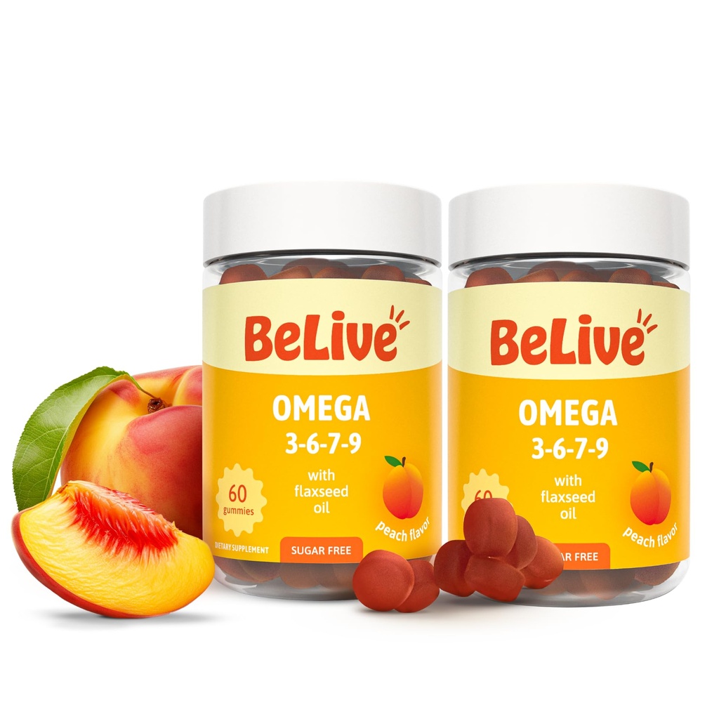 BeLive Organic Omega 3 Gummies - Omega 3 6 9 7 DHA & EPA Flaxseed Oil & Sea Buckthorn Fruit Oil, Vegan, lastele ja täiskasvanutele, Full Body, Brain & Eye Support, Sugar Free - Virsik | 2-Pack