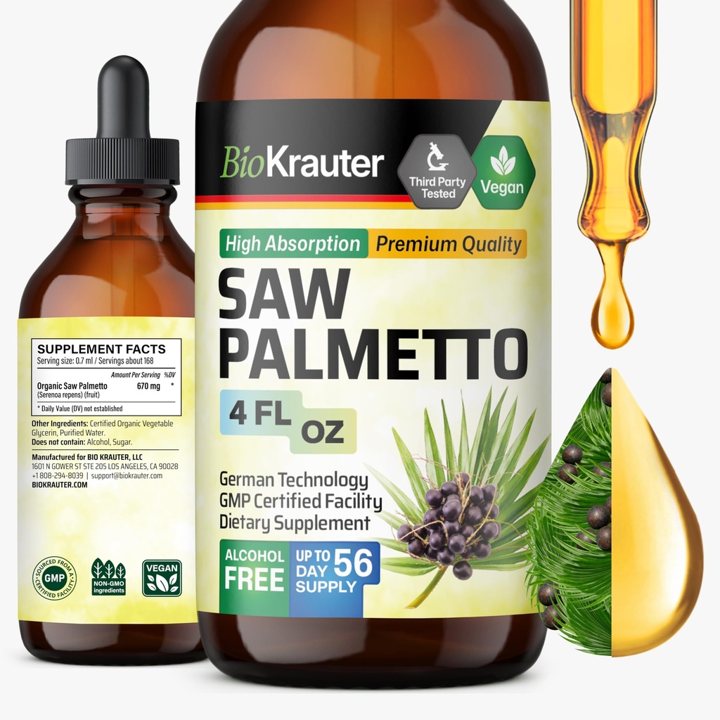BIO KRAUTER Saw Palmetto ekstrakt - Vegan Saw Palmetto meestele ja naistele - kuseteede tugi - Alkohol ja suhkur - 4 Fl.Oz.