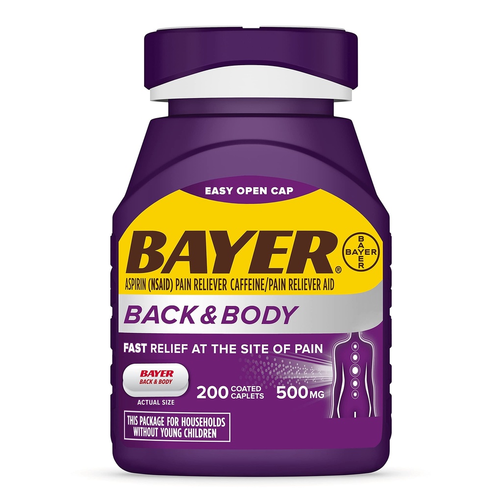 Bayer Extra Tugevus 500mg Aspiriin Plus Kofeiin Võimsaks valu leevendamiseks, 200 kaetud kapslit