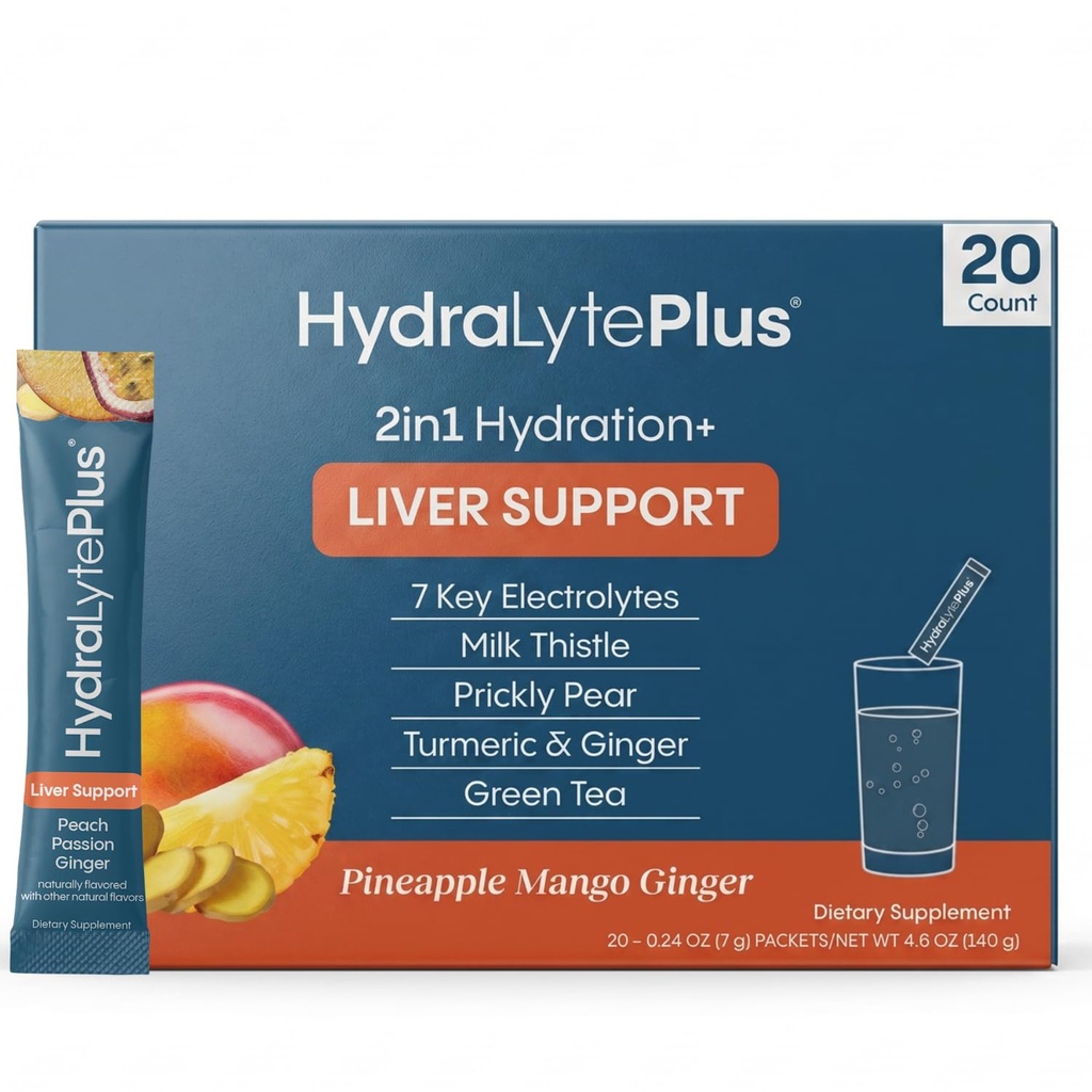 Hüdralüüt Maksatoetus + elektrolüütide segu piimaohakaga, kurkum, ingver, okkaline pirn, rohelise tee ekstrakt, mis on mõeldud kiireks rehüdratsiooniks (Pineapple Mango Ginger, 20 paketti)