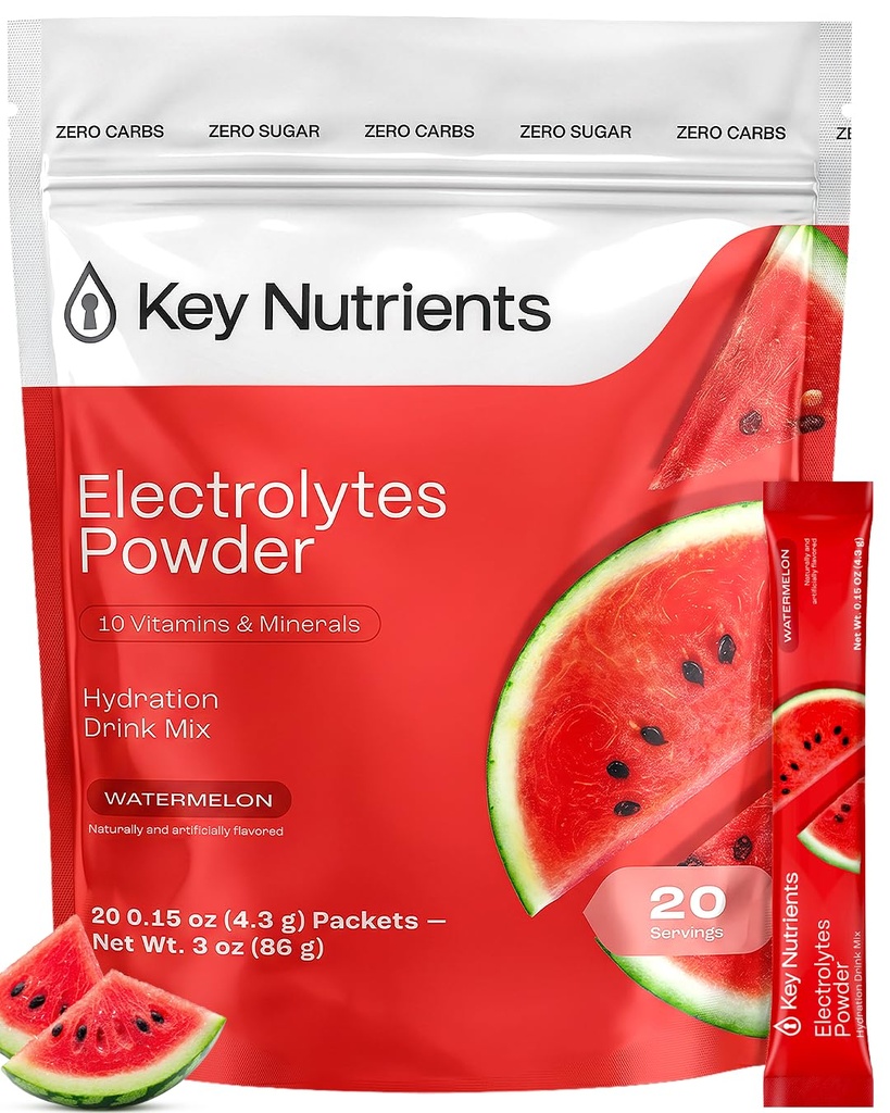 KEY NUTRIENTS Electrolytes Powder Packets - Multivitamin Watermelon 20 Pack Hydration Packets - Travel Hydration Powder - Improved Refreshing Taste - Made in USA - No Sugar, No Calories, Gluten Free