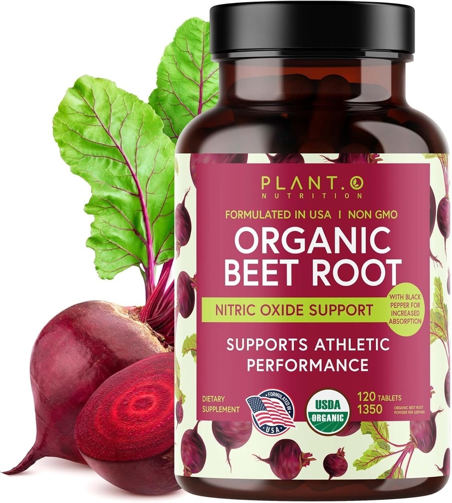 USDA Plant.O Premium Organic Beet Juur tabletid [1350mg Beet Powder] koos musta pipar ekstra imendumiseks - lämmastikoksiidi täiendada
