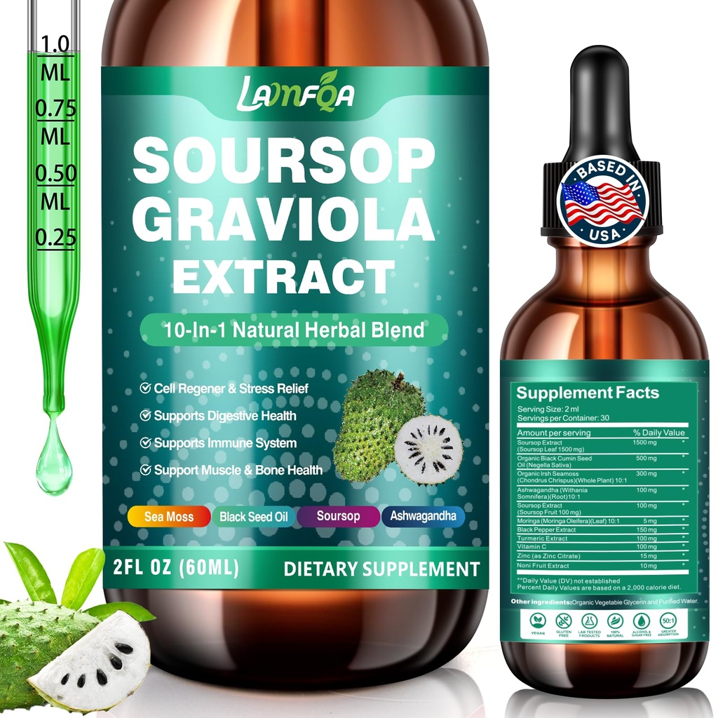 Soursop Bitters Liquid 10-in-1 with Ashwagandha, Black Seed Oil & Turmeric, Gotu Kola for Immune Support, Gut Health, Cell Regeneration & Antioxidant, Vegan, Non-GMO, Sugar-Free, 2 Fl Oz