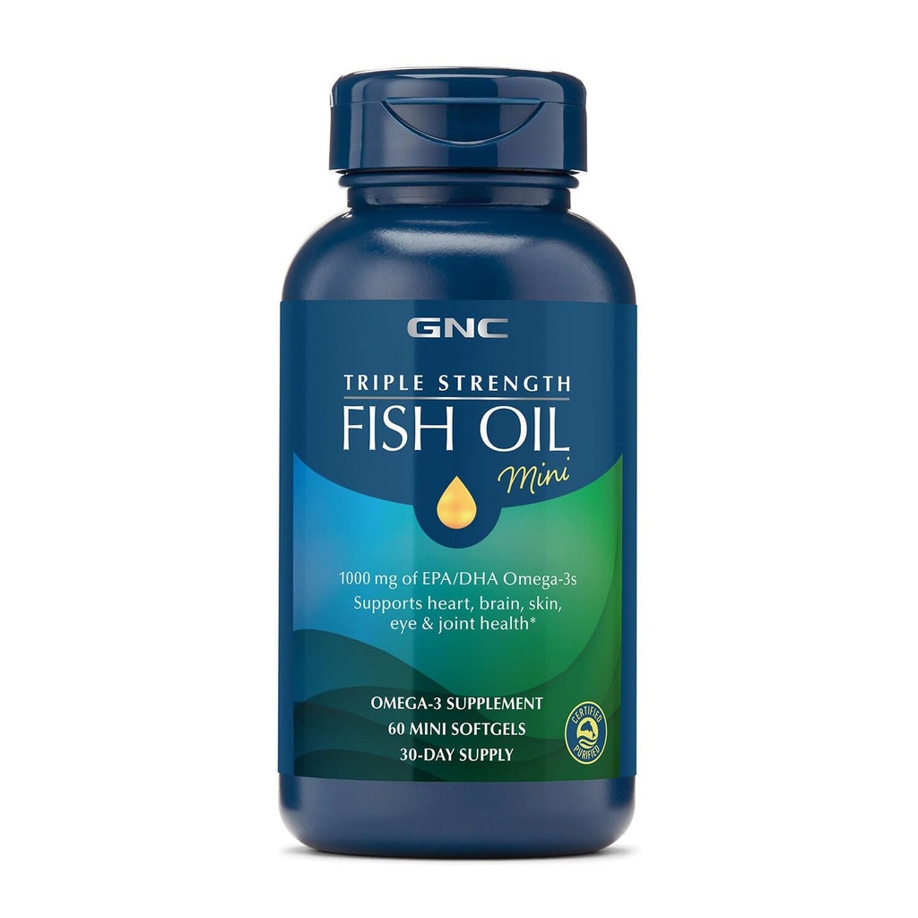 GNC kolmekordne tugevus Kalaõli Mini Omega 3 täiendus, 1000mg EPA ja DHA, toetab südant, aju, nahka, silma ja liigeste tervist, 60 Mini Softgels
