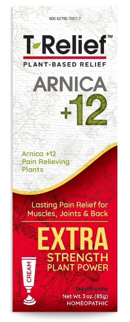 MediNatura T-Relief Extra Strelief Pain Relief Cream Arnica +12 Kiiretoimeline looduslik leevendav aktiiv aitab vähendada selja, kaela, liigese, lihaste, käte ja jalgade valusid, valusid ja valulikkust - 3 oz
