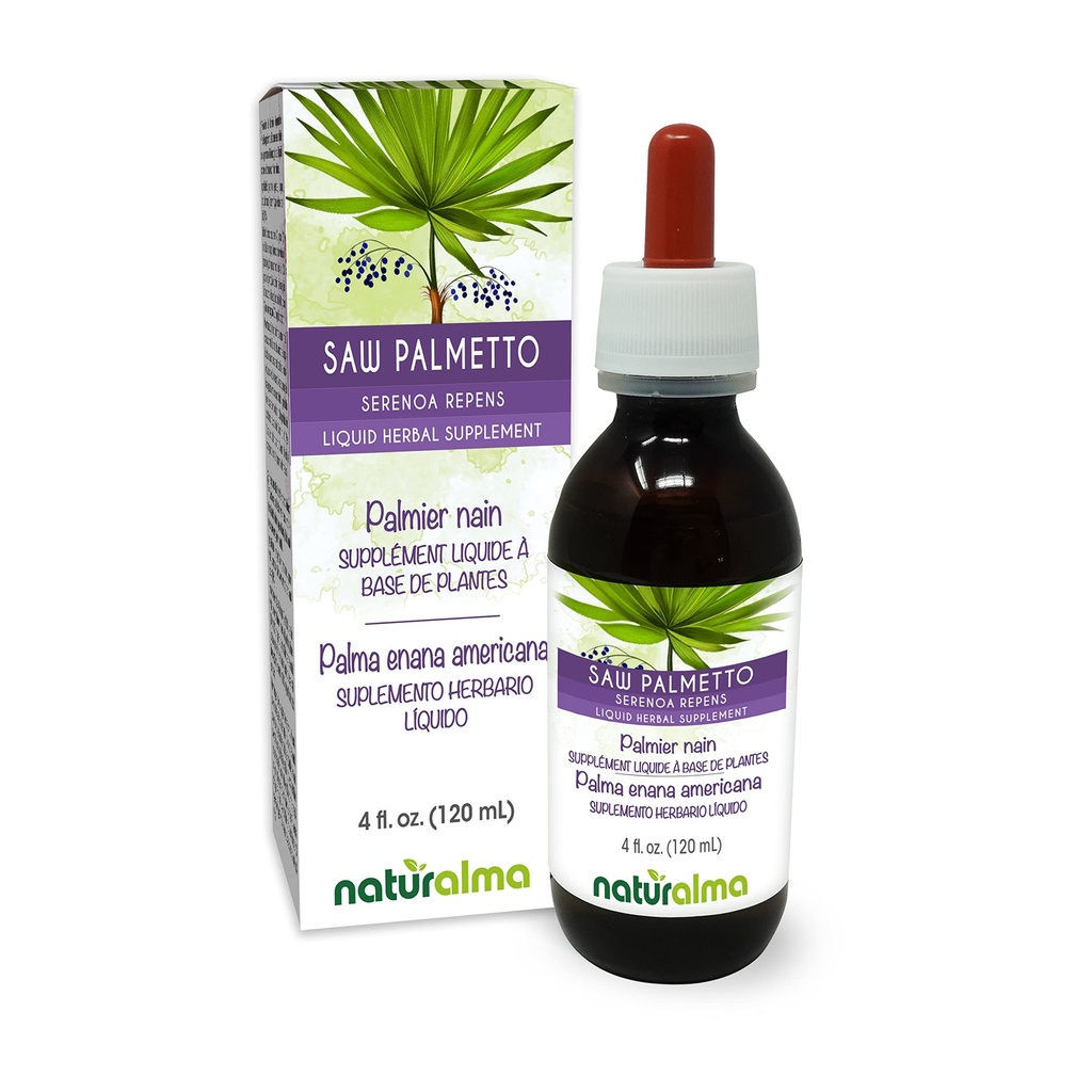 Naturalma Saw Palmetto (Serenoa repens või Sabal serrulata) Puuviljaalkoholivaba tinktuur - 4 fl oz Vedel ekstrakt tilkadena - Taimne täiendus - Vegan