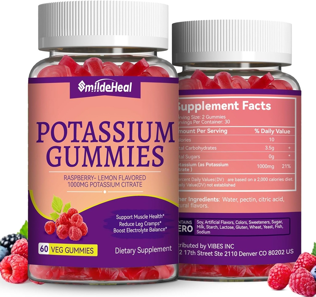 2 Pack Kaalium Supplement Gummies 1000mg, Kaalium Gummies täiskasvanutele, tugijala krambid ja lihaste tervis - Vegan, Non-GMO,120 Count