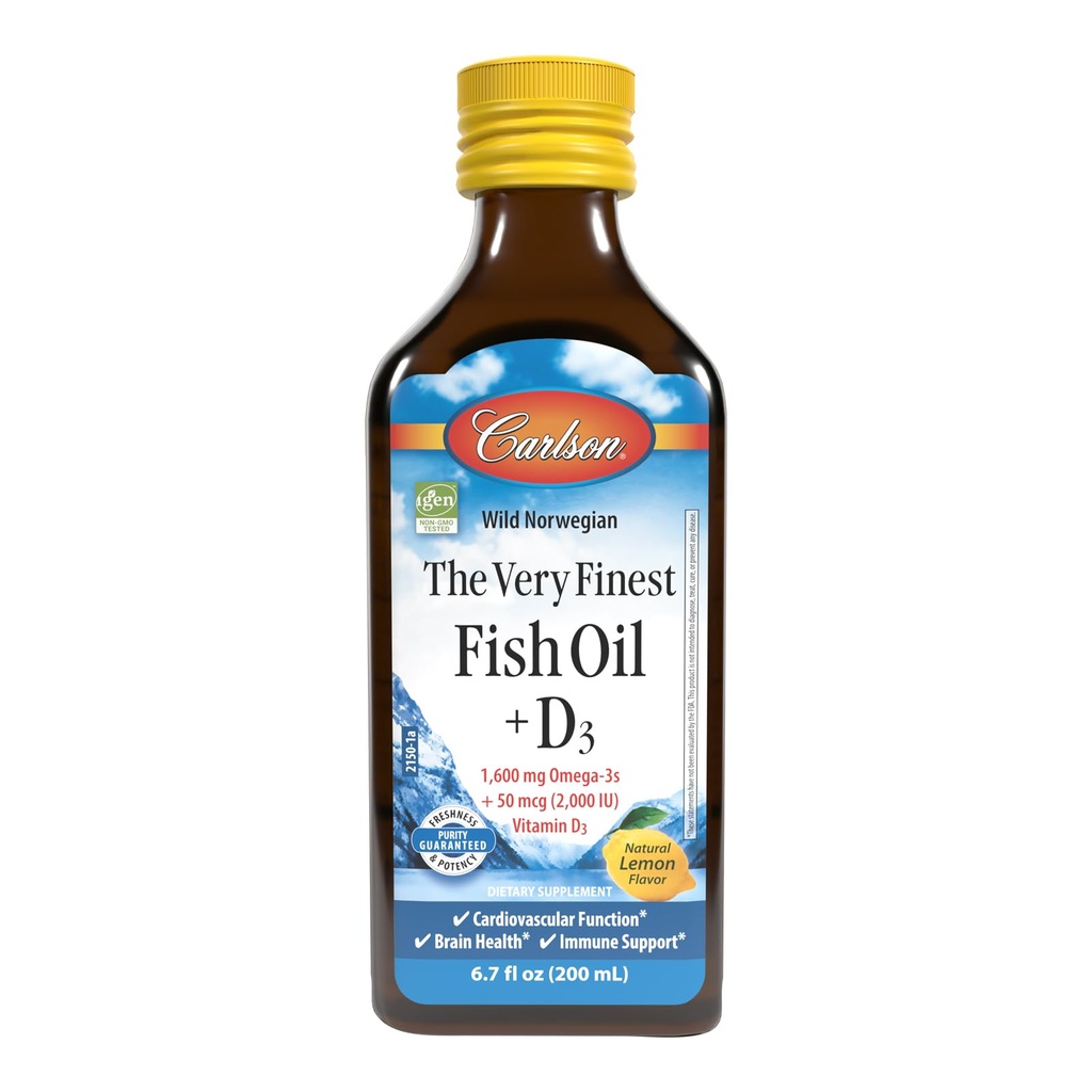 Carlson - The Very Finest Fish Oil + D3, 1600 mg Omega-3s, 50 mcg (2000 RÜ) Vitamiin D3, Vedel kalaõli ja D3 Supplement, Norra, Wild Caught, Jätkusuutlikult Allikas, Sidrun, 200 ml (6,7 Fl Oz)