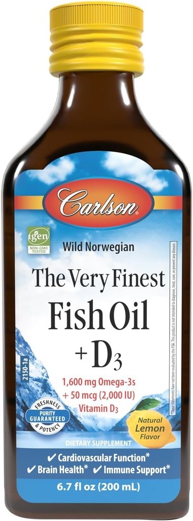Carlson - The Very Finest Fish Oil + D3, 1600 mg Omega-3s, 50 mcg (2000 RÜ) Vitamiin D3, Vedel kalaõli ja D3 Supplement, Norra, Wild Caught, Jätkusuutlikult Allikas, Sidrun, 200 ml (6,7 Fl Oz)