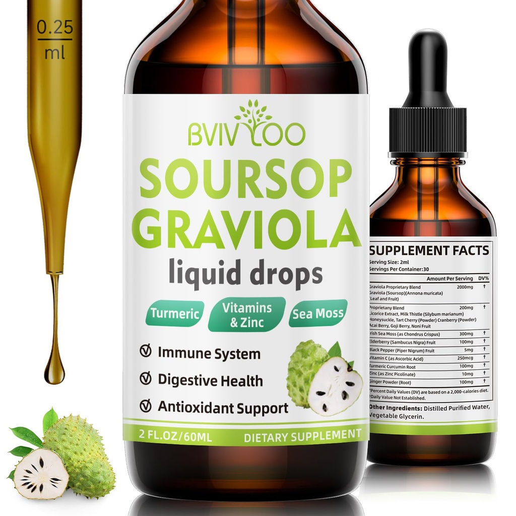 Soursop Graviola Vedelad tilgad - 2000mg Pure Soursop Extract segatud 300mg Sea Moss & 100mg Elderberry - Powerful Cell Support, Antioksüdant-Rich, Immune-Boosting - 2 Fl Oz (60ml) Pudel