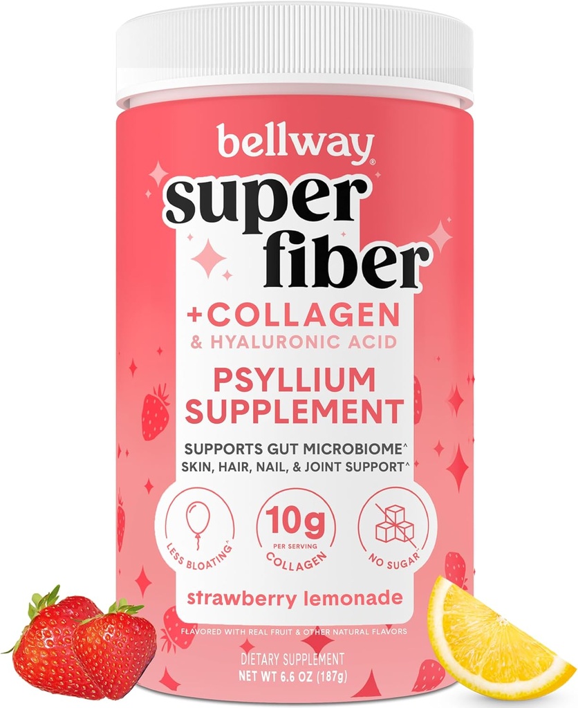 Bellway Super Fiber pulber + kollageen, suhkruvaba Psyllium Kesta pulber kollageenpeptiidide ja hüaluroonhappega soolestiku tervise, tervisliku naha, küünte, luude ja liigeste jaoks, maasika limonaad (11 serveerimist)