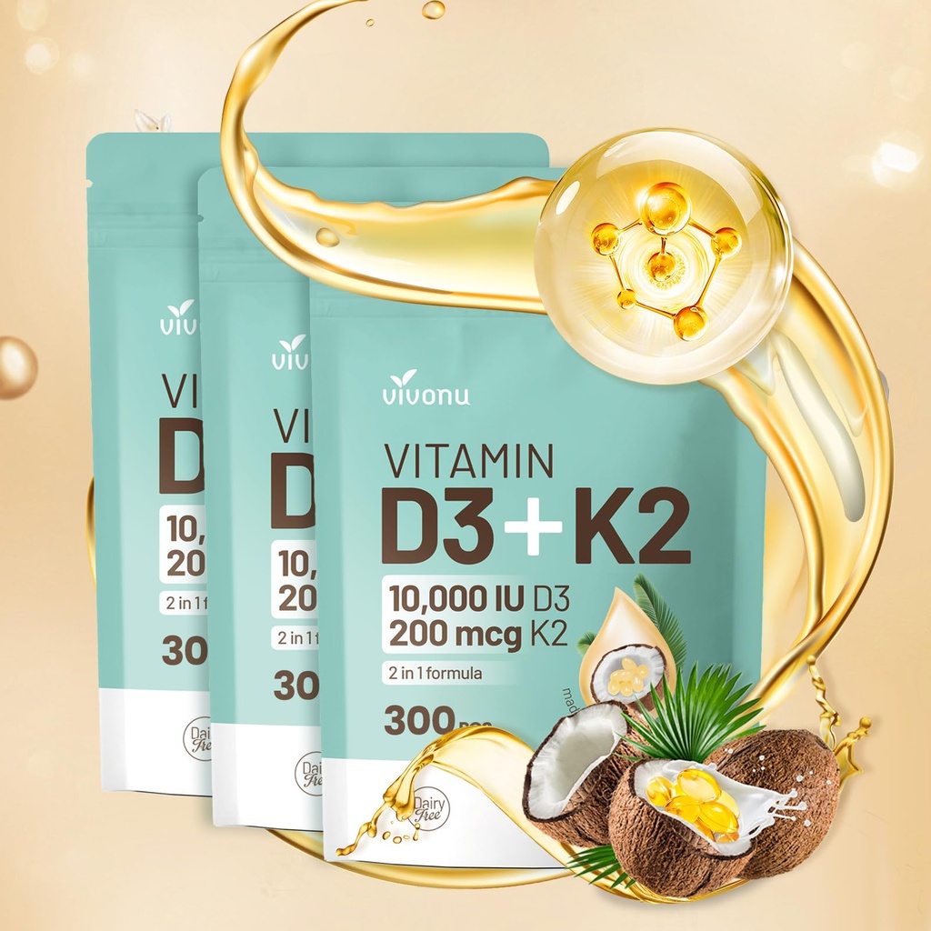 Vitamiin D3 10000 iu Plus K2 (MK-7) 200 mcg, 300 kookosõli softgels| 2 in 1 VIT D & K Complex | Toetab kaltsiumi imendumist, luu, immuunsust ja südame tervist - lihtne neelata (900 Softgels /3 Bag)