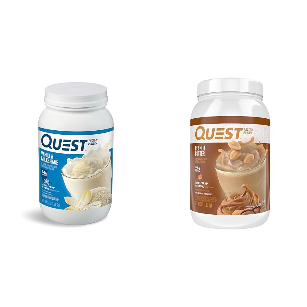 Quest Nutrition Vanilla Milkshake Protein Powder, 24g of Protein, 1g of Sugar, Low Carb, Gluten Free, 3 Pound, 43 Servings & Peanut Butter Protein Powder, 23g Protein, 1g Sugar, Low Carb, Gluten Free