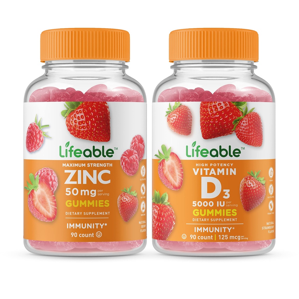 Elujõuline tsink 50mg + D-vitamiin 5000 IU, Gummies Bundle - suurepärane maitse, vitamiinilisand, Gluteenivaba, GMO-vaba, närimiskumm