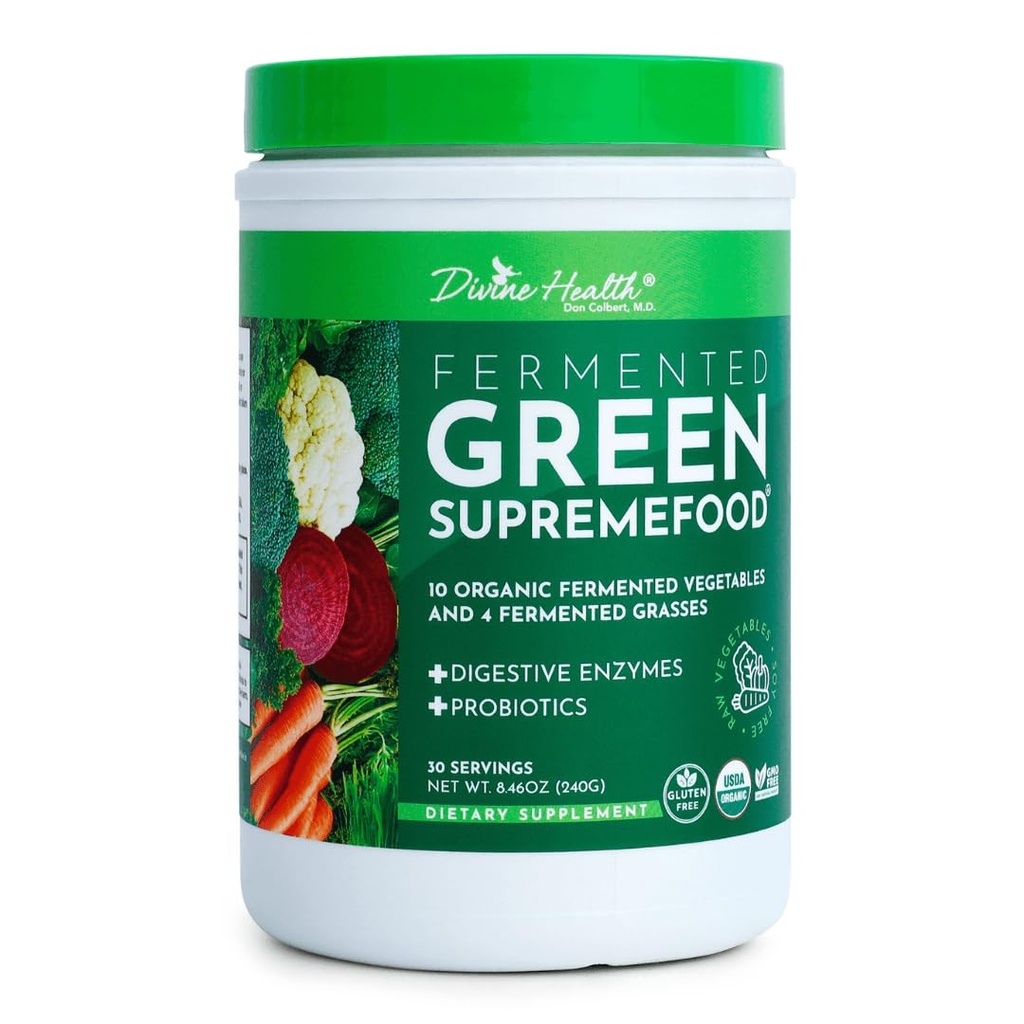 Divine Health Fermented Green Supremefood | 14 USDA Organic & Fermented Vegetables and Grasses | Probiootikumid | Ensüümid | Apple Cinnamon Flavor | 30 Servings | 240g