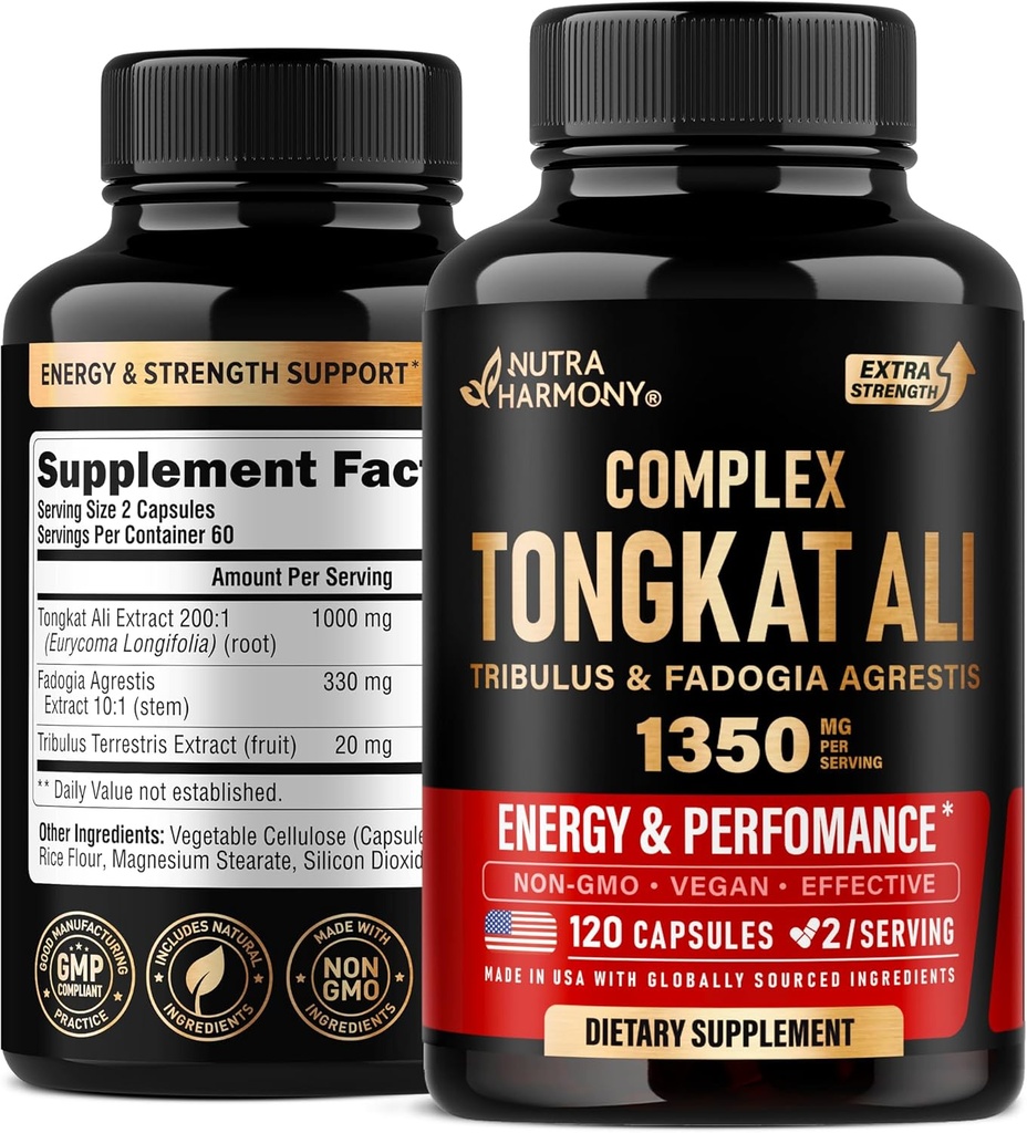 Tongkat Ali Men 1350mg kompleks - Fadogia Agrestis | Tribulus terrestris - energia, tugevus ja jõudluse tugi - ekstra tugevus 200: 1 Väljavõte - 3. osapool Testitud, valmistatud USAs - 120 kapslit / 2 kuud