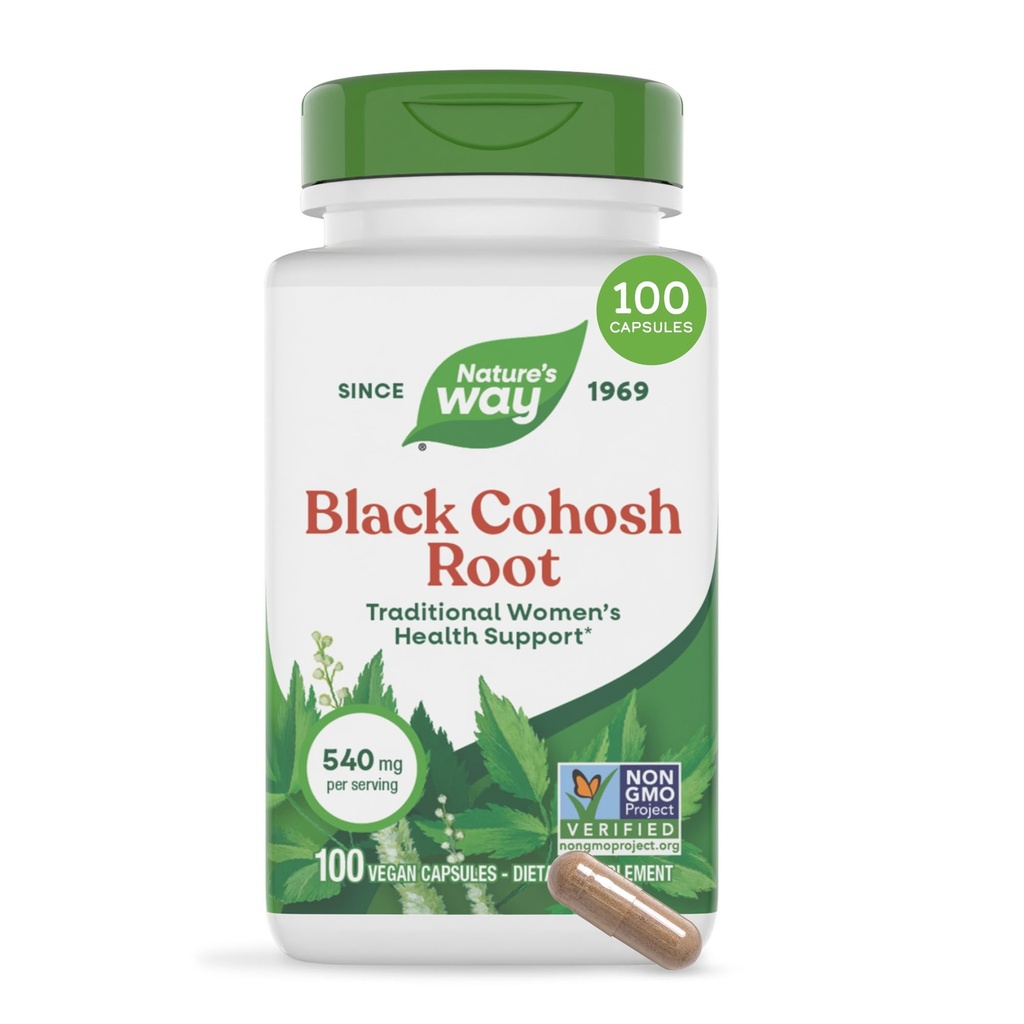 Nature's Way Black Cohoshi juur, traditsiooniline naiste tervise tugi *, 540 mg ühe serveerimise kohta, mitte-GMO projekt kontrollitud, 100 kapslit