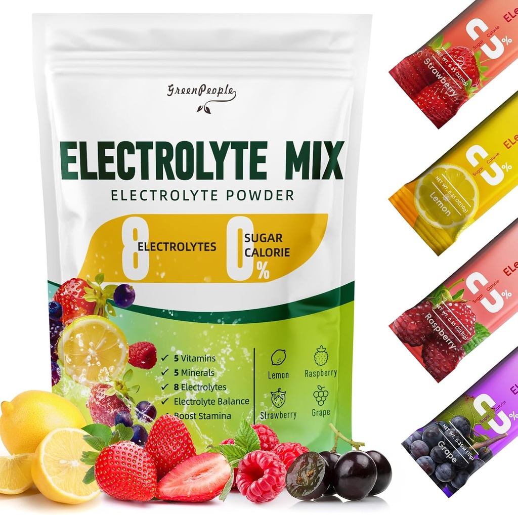 GREENPEOPLE Elektrolüüdid Pulber No Suhkur - Suhkruvaba hüdraat Elektrolüütide pakendid - Puuviljade maitsed Elektrolüütide Joogi Segu - 8 Elektrolüüdid 5 vitamiinid ja mineraalid Vegan Mitte-GMO 16 Pulgad