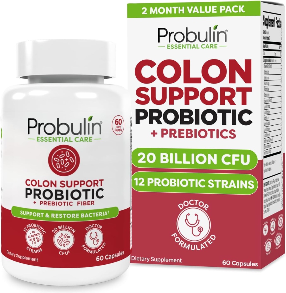Probuliinikolonni tugi Probiootiline lisand, igapäevane soolestik, seedetrakti ja immuunsüsteemi tervise probiootikumid meestele ja naistele, 20 miljardit CFU, Vegan, 60 Count Bottle