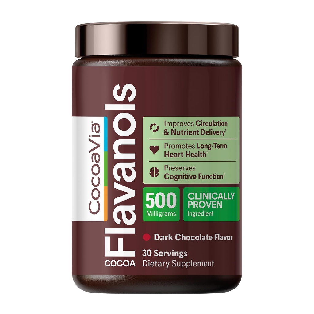 CocoaVia Cardio Health Kakaopulber, 30 serveerimist, 500 mg kakao flavanoolid, südame tervise toetamine, lämmastikoksiidi suurendamine, vereringe parandamine, energia, ettevalmistus, vegan, tume šokolaad kakao