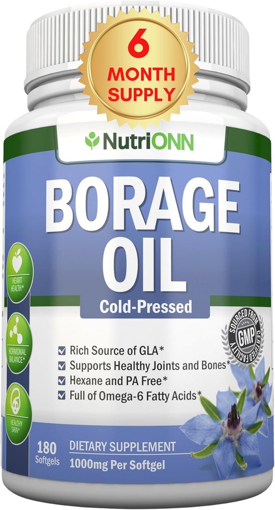 Borage Oil - 1000 mg - 180 Softgels - Külm pressitud kõrge GLA Borage Seed Oil - Hexane ja PA vaba - Suurepärane nahale, juustele ja luudele.