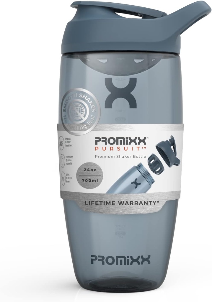 Promixx Pursuit Protein Shaker Bottle (24 oz) – Silent No-Ball Mixer, Leak-Proof Lid, BPA/BPS & Phtalaat-Free ECOZEN – Easy-Clean Shaker Cup for Protein Shakes, Pre & Post-Workout Smoothies