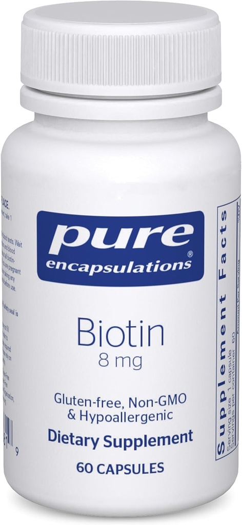 Puhas kapseldamine Biotiin 8 mg - B-vitamiini lisand stressi leevendamiseks, juuste, naha ja küünte tugevdamiseks, ainevahetuseks, süsivesikute toetamiseks ja närvisüsteemiks * - Premium Biotin - 60 kapsliga