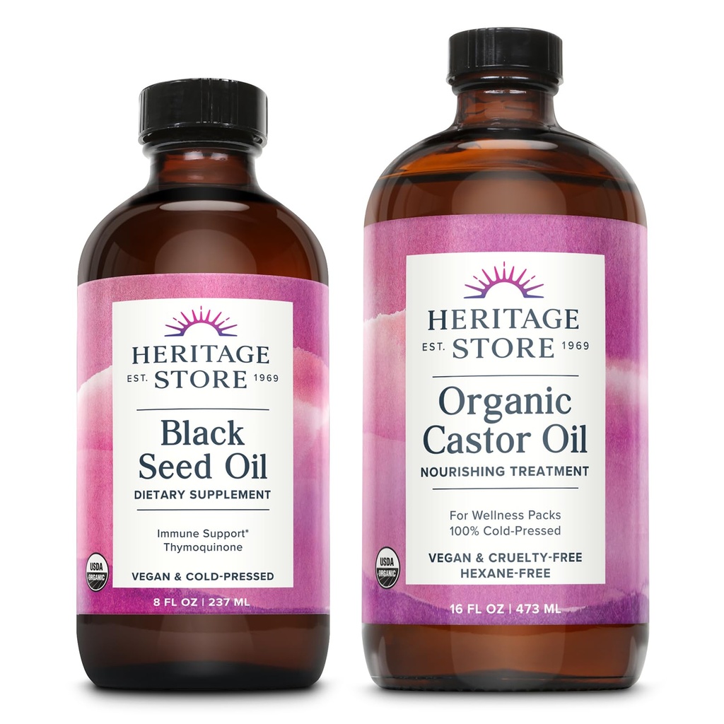 HERITAGE STORE Organic Black Seed Oil and Organic Castor Oil - Health and Beauty Bundle - Heart Health, Joint and Immune Support, Wellness Packs, Vibrant Hair, Skin, Lashes and Brows - Vegan, 8oz/16oz
