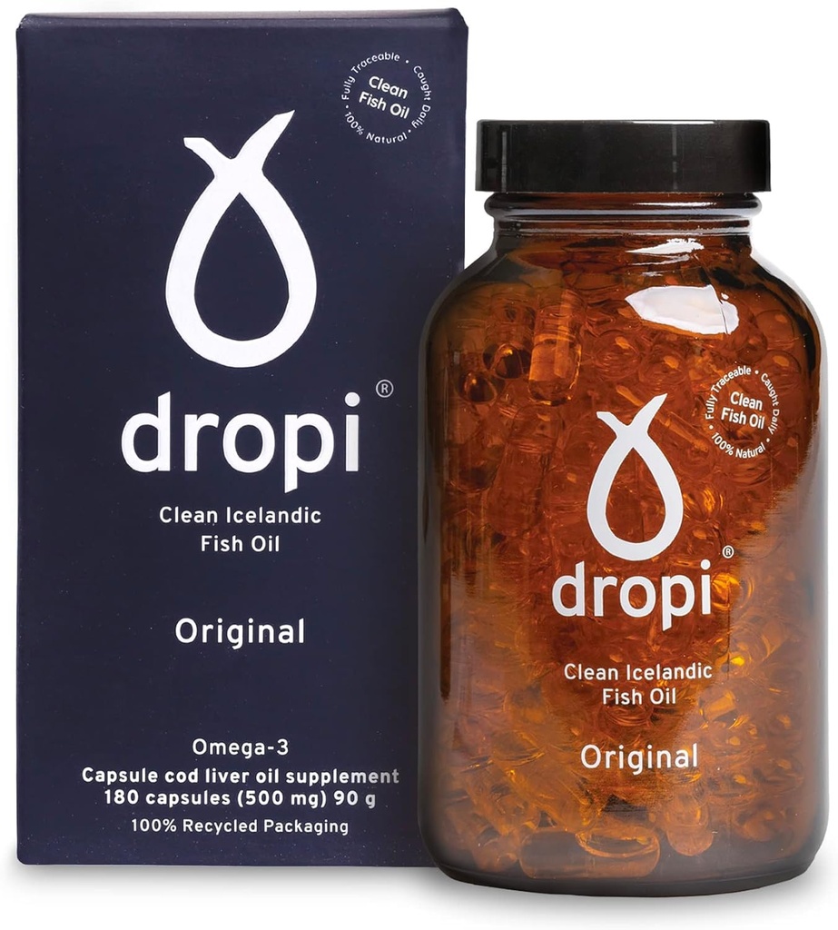 Dropi Omega 3 Fish Oil 500mg (180 Capsules) - Maximum Strength Omega-3s EPA, DHA, Vitamin A & D - Natural & Extra Virgin Cod Liver Oil Supplement for Immune System, Brain Health & Joint Support