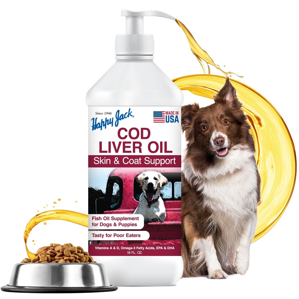 Happy Jack Cod Liver Fish Oil for Dogs Skin and Coat Supplement, Brain, Eyes, Bones, Hip, Joint, Heart & Immune System Health, Energy Booster (16 oz), Omega 3 with EPA & DHA, Vitamin A & D