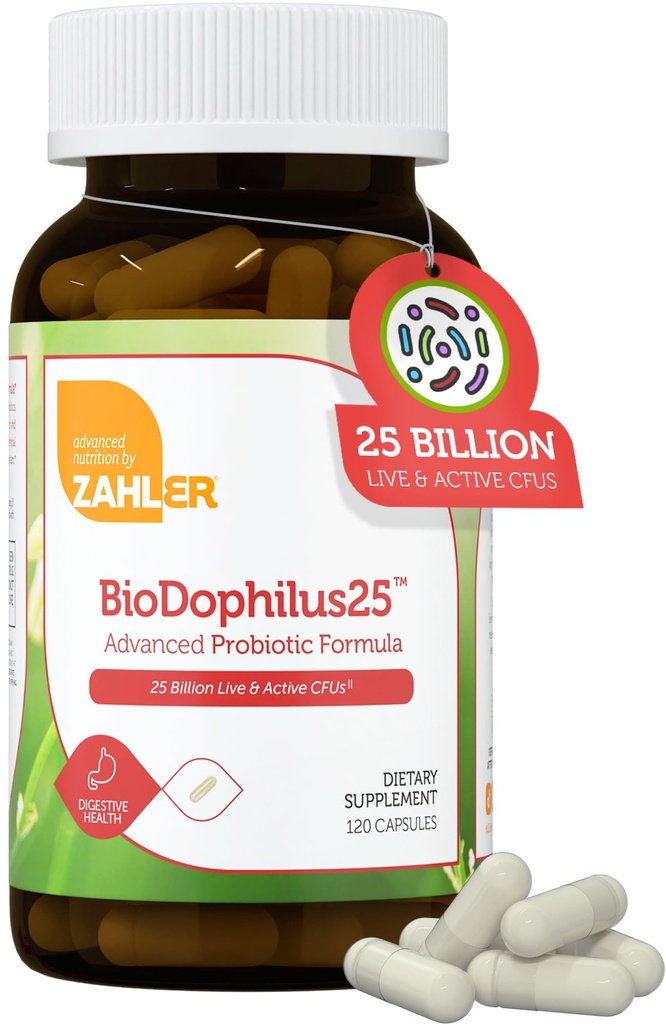 Zahler BioDophilus25, 25 miljardit CFU probiootikum + prebiootikum - 11 tüve päevas probiootiline täiendus - Kosher probiootikumid naistele seedetrakti tervise jaoks, probiootikumid meestele soolestiku tervise jaoks (120 kapslit)