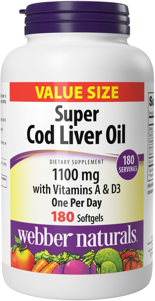 Webber Naturals Super Cod Liver Oil Softgels with Vitamin A & Vitamin D, 1100 mg Cod Liver Fish Oil per Softgel, 180 Softgels, Value Size, Dairy, Gluten & Shellfish Free, Immune Support