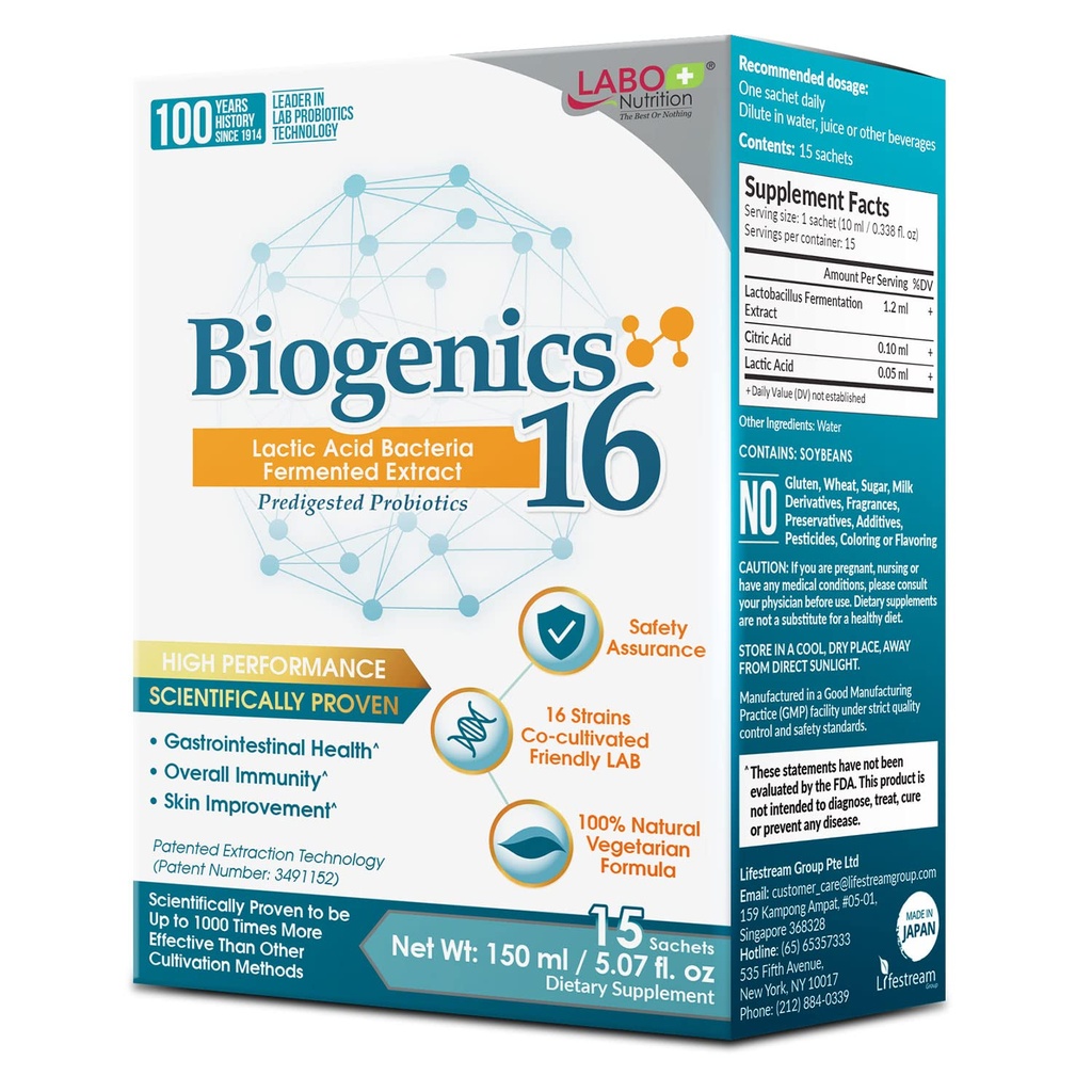 LABO Nutrition Biogenics 16- piimhappebakterid Fermenteeritud ekstrakt, 1000x tõhusam, soolestiku tervise toetamine lisaks probiootikumidele ja prebiootikumidele, soolestiku naha ja immuunsüsteemi tervise parandamine, 10mlx15 kotikest