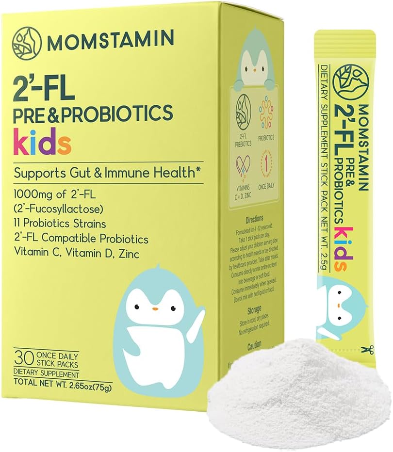 MOMSTAMIN 2'-FL HMO prebiootikumid ja probiootikumid lastele, 1000mg inimese piima oligosahhariid 2'-FL pulber, patenteeritud 11 tüved, tervislik soolestiku mikrobioom, immuun- ja seedetrakti lisand, IBS Relief - 30 pulka