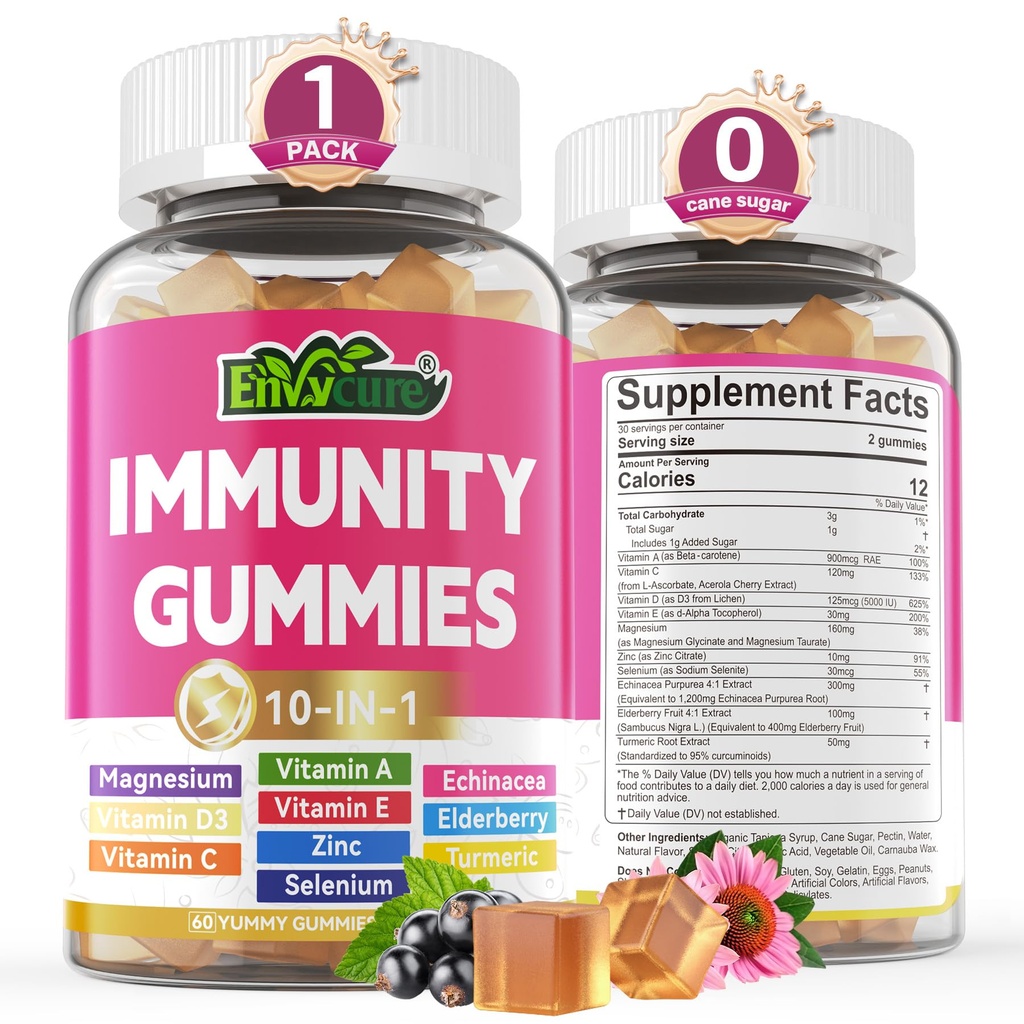 10 in 1 Immune Support Supplement Gummies, w / Echinacea, Elderberry C-vitamiin ja tsink, Selenium, D3-vitamiin 5000 IU, magneesium, igapäevane immuunvõimendaja multivitamiin, antioksüdant luu energia, 1 pakend