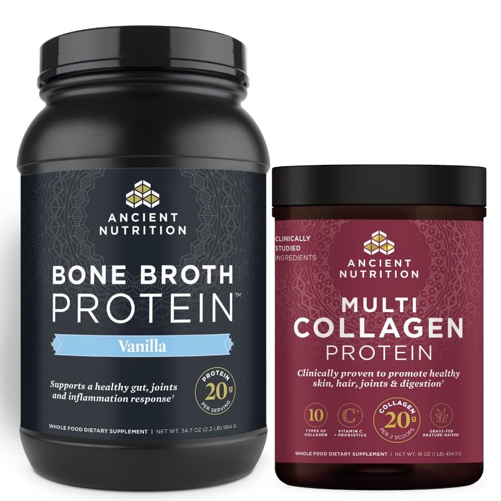Ancient Nutrition Luupuljong Proteiin Pulber, Vanilla, 40 Servings + Multi-Kollageeni Valgu Pulber, Maitsestamata, 45 Servingut