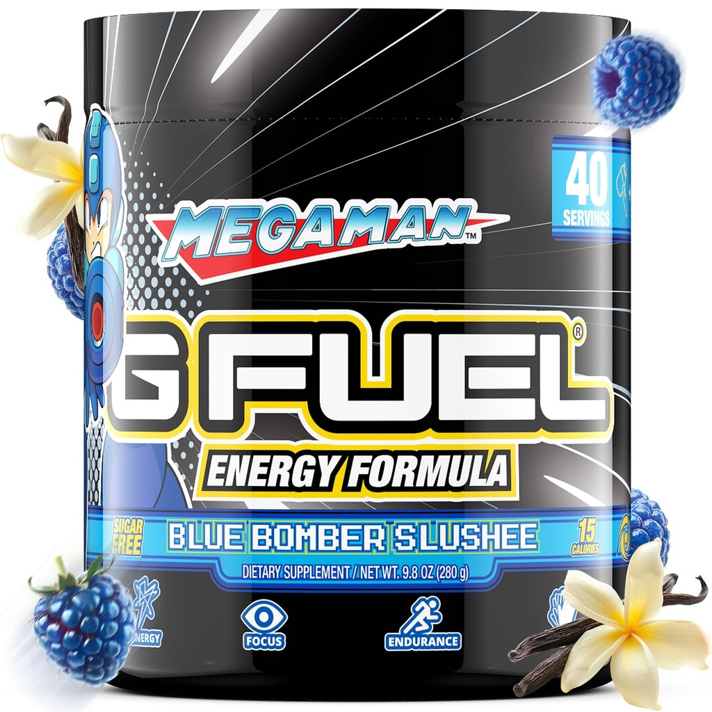 G Fuel Megaman energiajoogi pulber, Pre Workout Kofeiinisegu hasartmängudeks, Sugar Free Focus Amino, Vitamiin + Antioksüdandid, 9,9oz (sinine Slushee, 40 Servings)