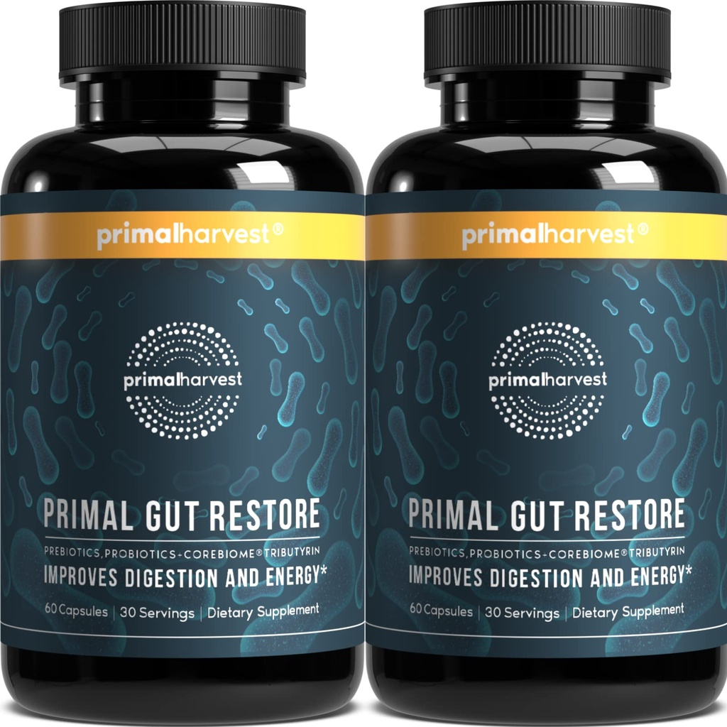 Primal Harvest 2 Pack, Restore for Gut Health, Primal Gut Restore w / POSTbiootikumid, Prebiootikumid ja PRObiootikumid naistele ja meestele, 60 CT - seedimine, Colon Cleanse, Aitab Lekkeline soolestiku parandamine