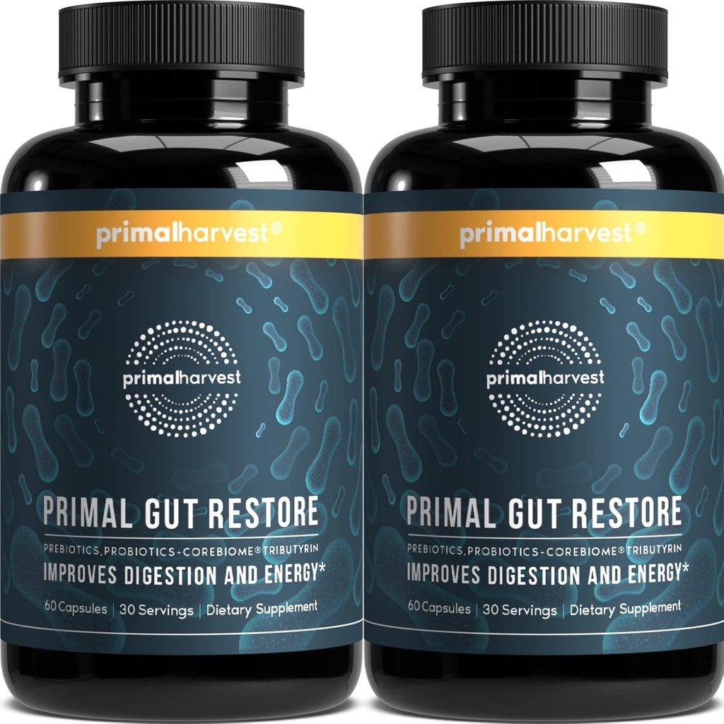 Primal Harvest 2 Pack, Restore for Gut Health, Primal Gut Restore w / POSTbiootikumid, Prebiootikumid ja PRObiootikumid naistele ja meestele, 60 CT - seedimine, Colon Cleanse, Aitab Lekkeline soolestiku parandamine