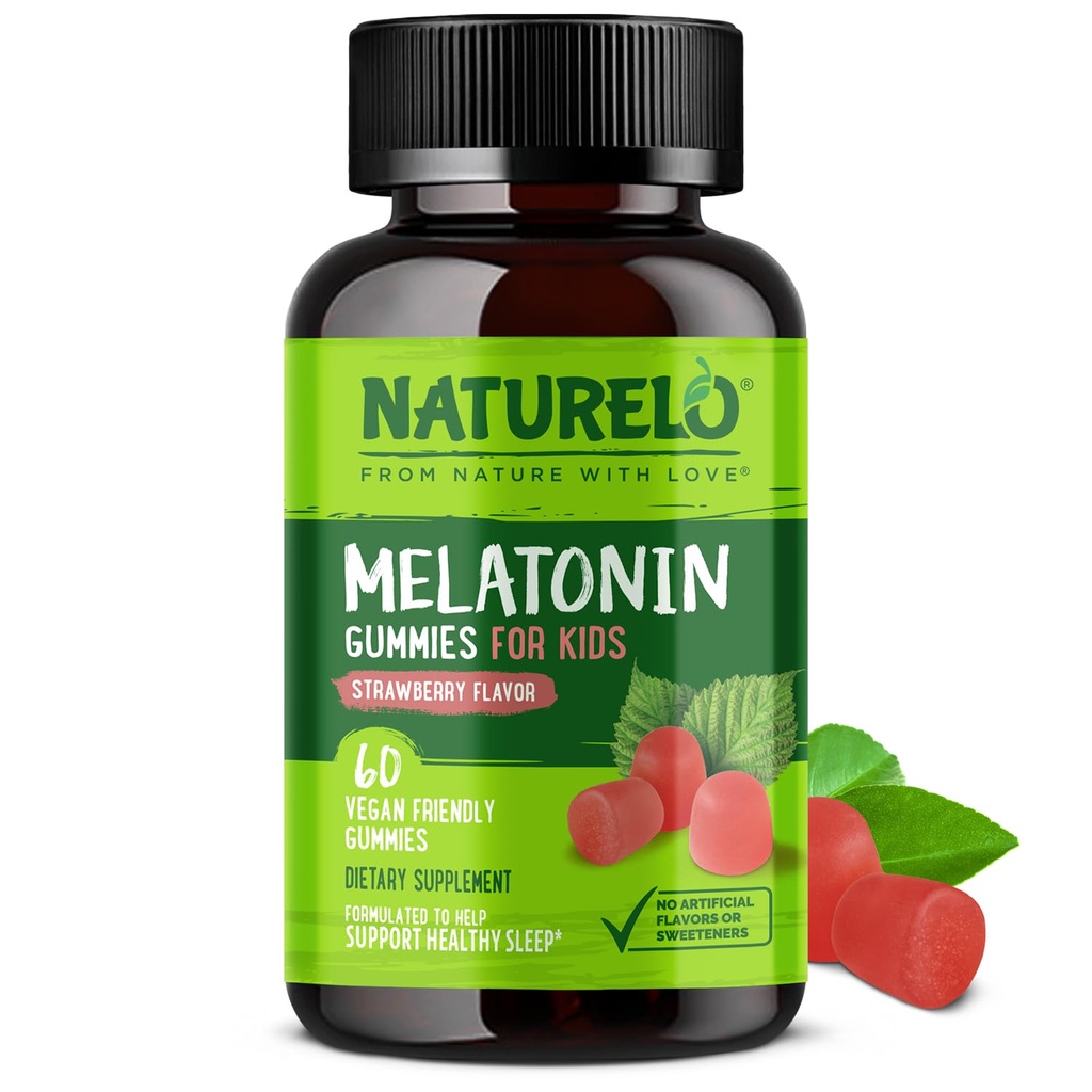 NATURELO Melatoniin Gummies lastele Mitte-GMO, Gluteenivaba, Sojavaba - Maasikamaitse - õrn unelisa - 60 taimetoitlast Gummies