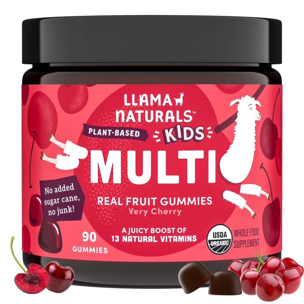 Llama Naturals Kids Multivitamiini Gummies, Vegan, Orgaaniline Vitamiin D, C & K, Väikelapse Real Fruit Gummy Vitamiinid, närimistable Supplement, Terve toit Multivitamiinid, Ei Lisatud Suhkruroog, Kirss, 90 Ct