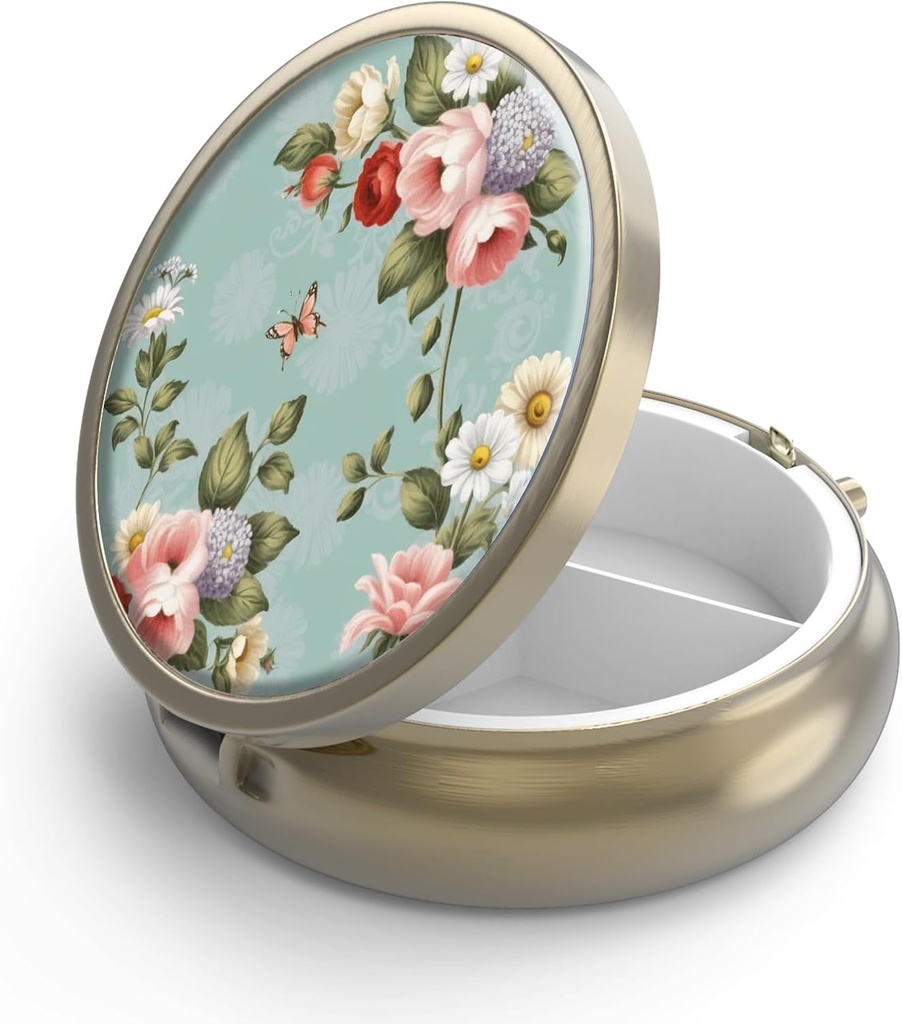 Pill Case Box koos Peegel Retro 3 Kompartment Väike pillid juhul rahakoti või tasku pronksi Väike Roud Pill Box või vitamiinid, kalaõli, toidulisandeid, Pill Sisaldab Reisikingitusi() Retro Green Floral