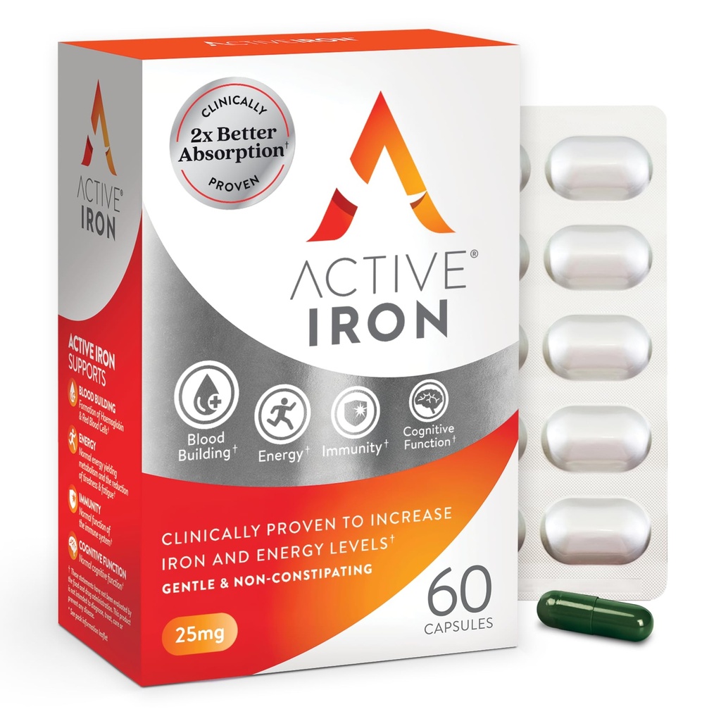 Active Iron Supplement 25mg, Clinically Proven to Increase Iron & Energy Levels, Maximum Absorption, Gentle, Non-Constipating, Avoids Nausea & Side Effects, 60 On-the-Go Foil Protected Capsules