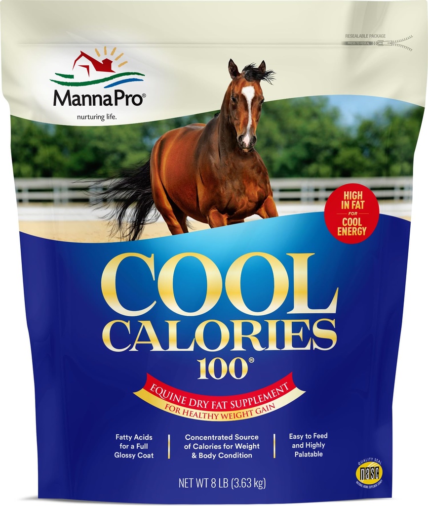 Manna Pro Cool Calories 100 - Hobuste rasvalisand hobustele, toetab tervislikku kaalutõusu, lihaste hooldust ja läikivat katet, kontsentreeritud kuivrasva kalorivõimendit, madala tärklise valemit, 8 lb kotti