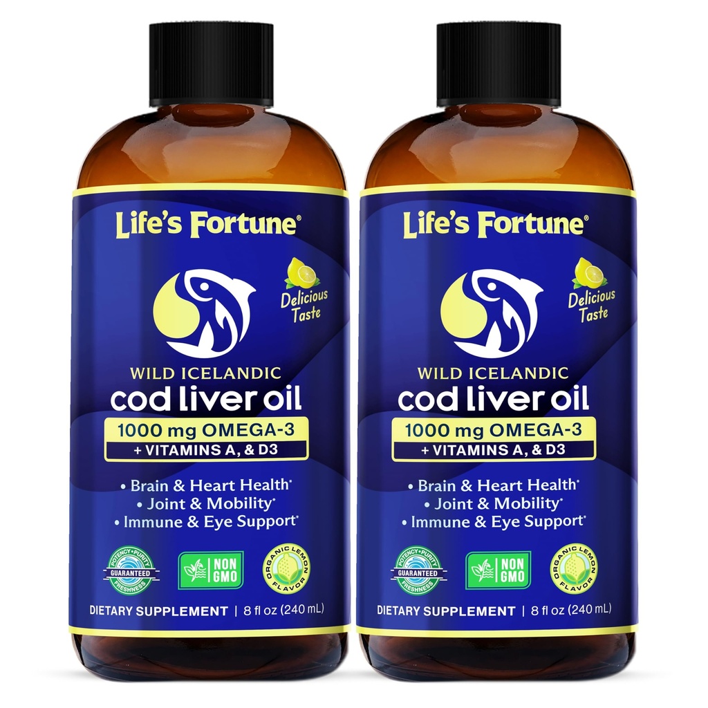 Life's Fortune Cod Liver Oil Liquid Lemon Flavor Organic Supplement with DHA, EPA 1000 mg High Potency Omega-3s + Vitamin A, E & D3 - Supports Immune, Joints, Eyes, 8 Fl Oz (Pack of 2)